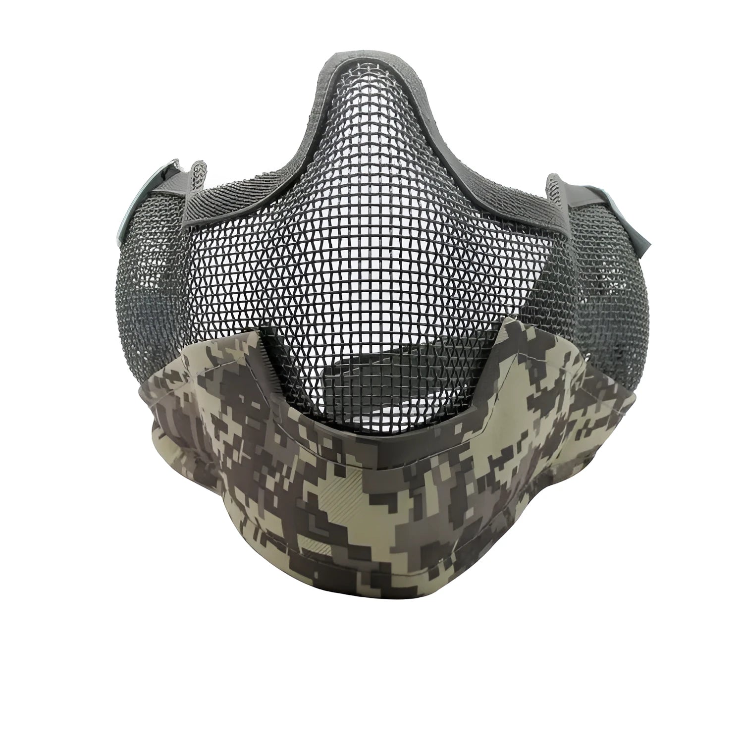 Carbon steel protective face mask in tactical camouflage pattern with head-mounted design for outdoor field defence