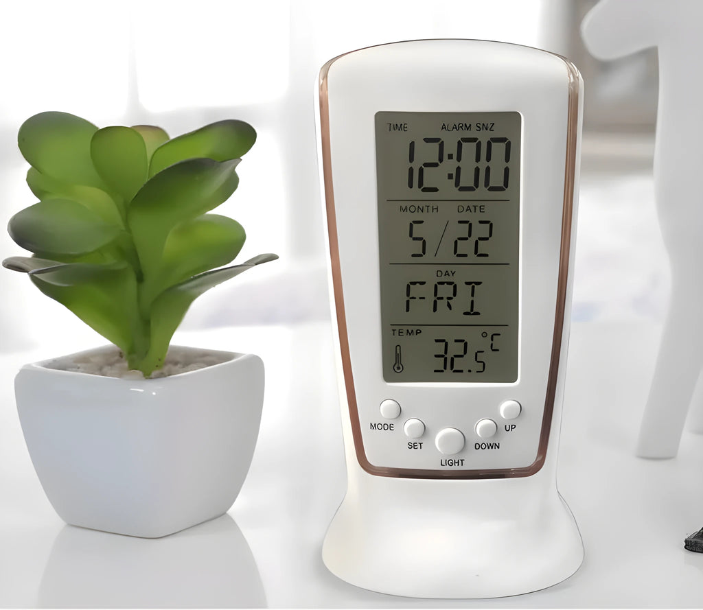 Multi-function LED digital clock with rectangular plastic body, blue backlight, and LCD showing time and temperature