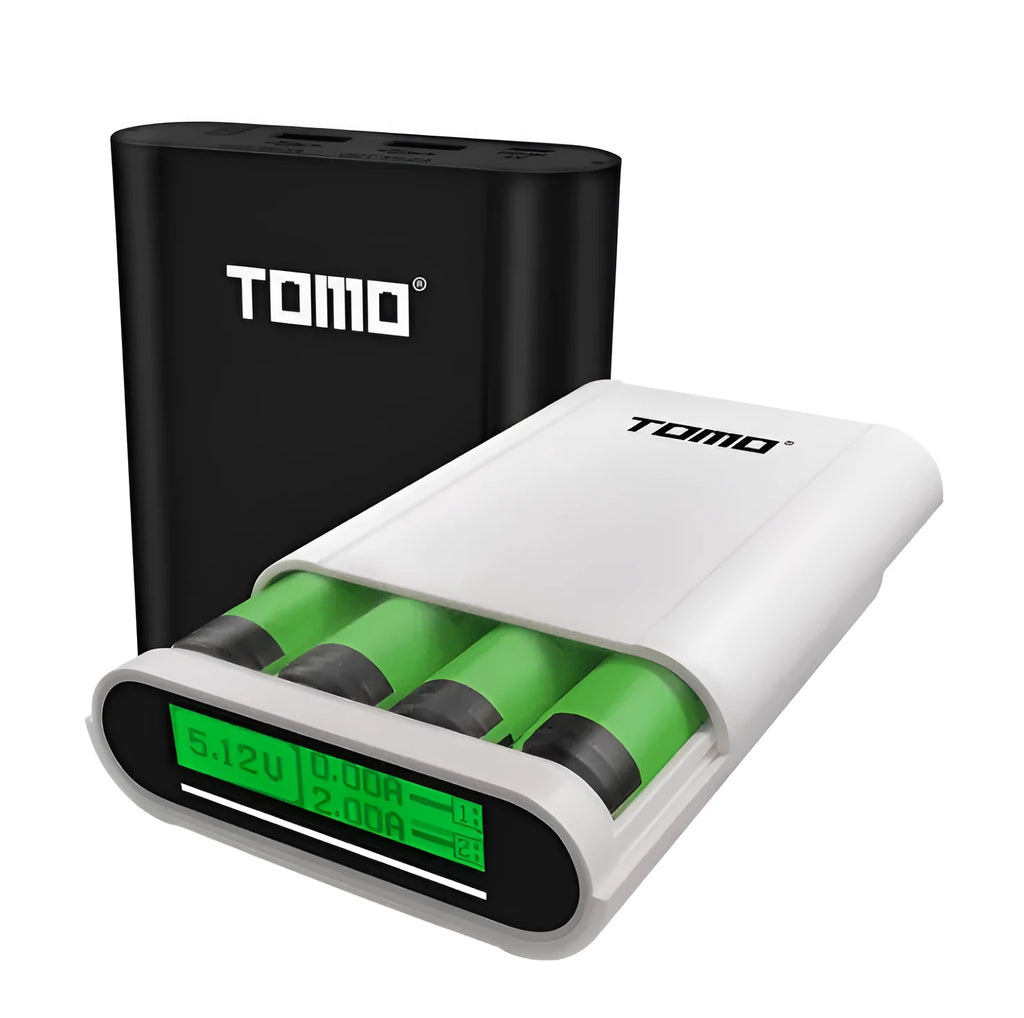 DIY power bank module for 18650 batteries with LCD screen and dual USB ports.