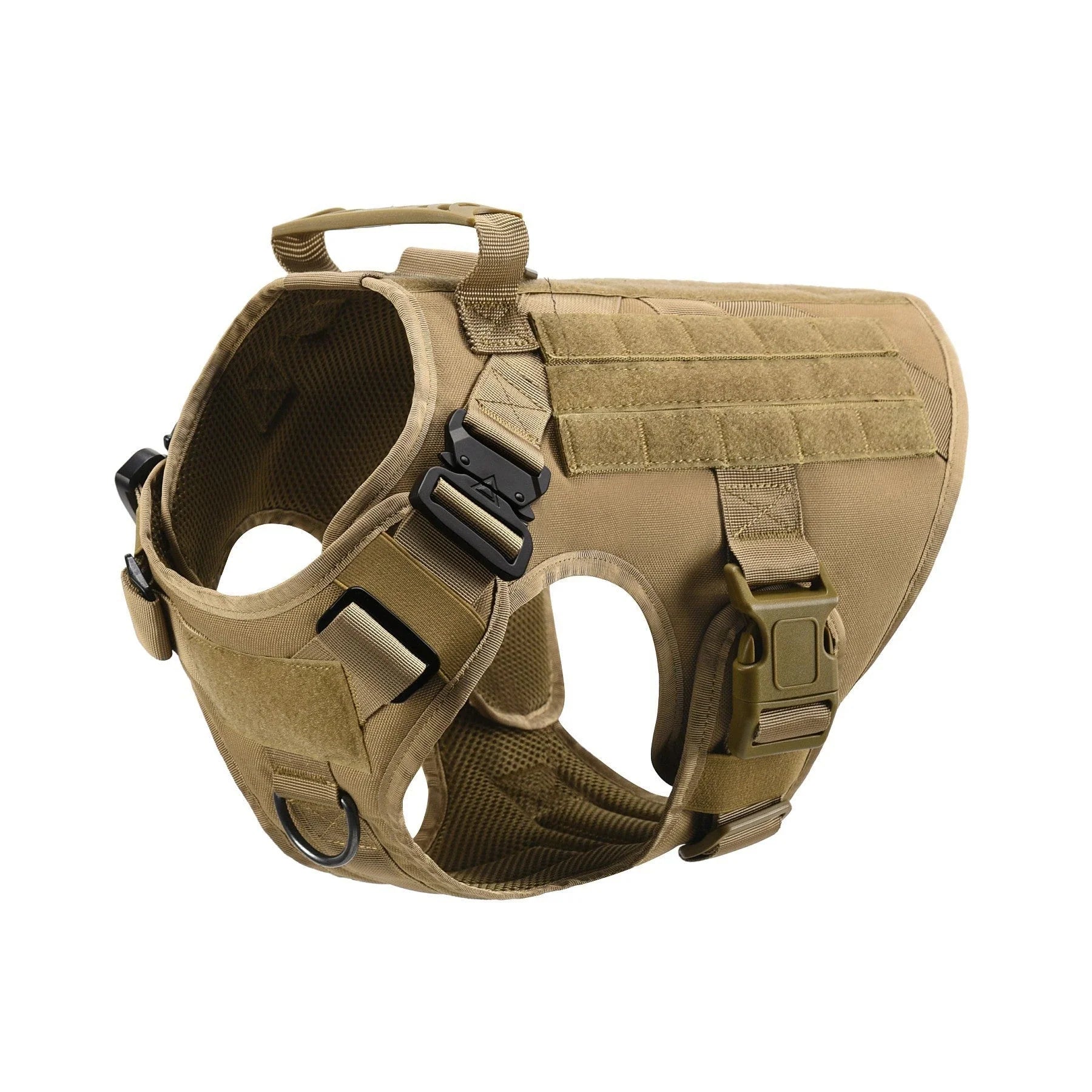 Premium tactical dog harness with reinforced buckles, customizable Velcro panels, and a sturdy top handle for maximum control and security.