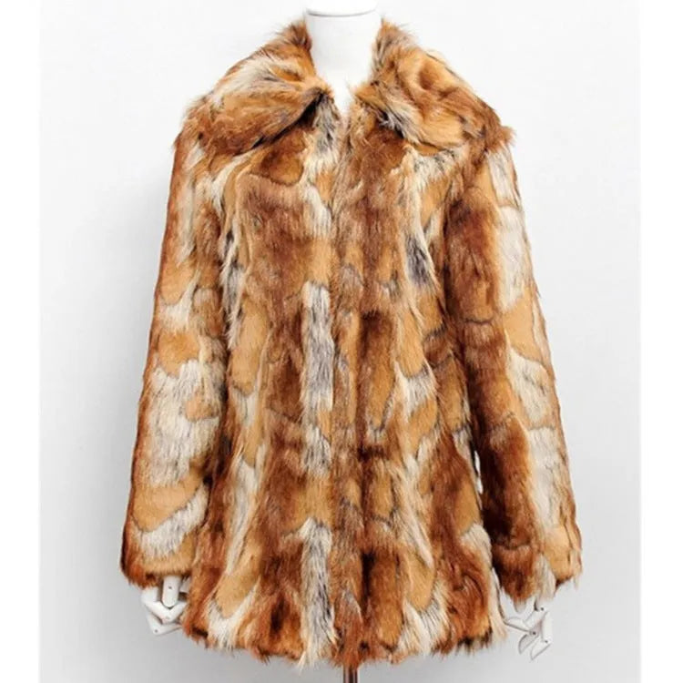 Women's tiger pattern faux fur leather jacket with slim fit and 65cm length