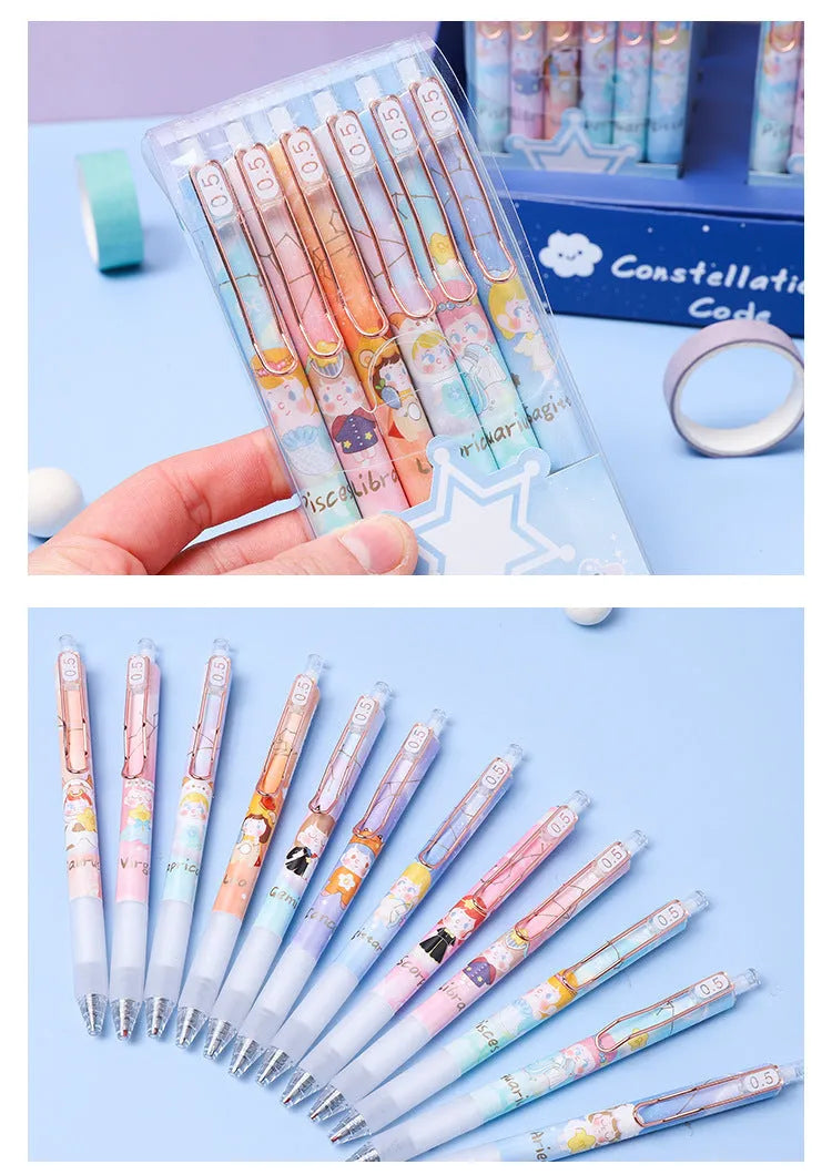 Lisa's Secret Constellation press gel pen set showing zodiac designs with 0.5mm tip