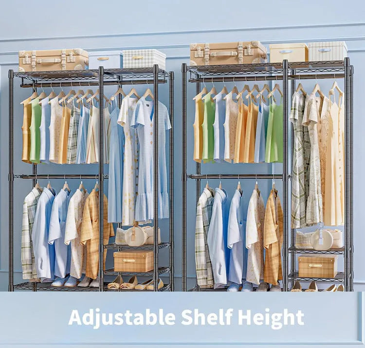 Black freestanding metal clothes storage rack with long hanging rail.