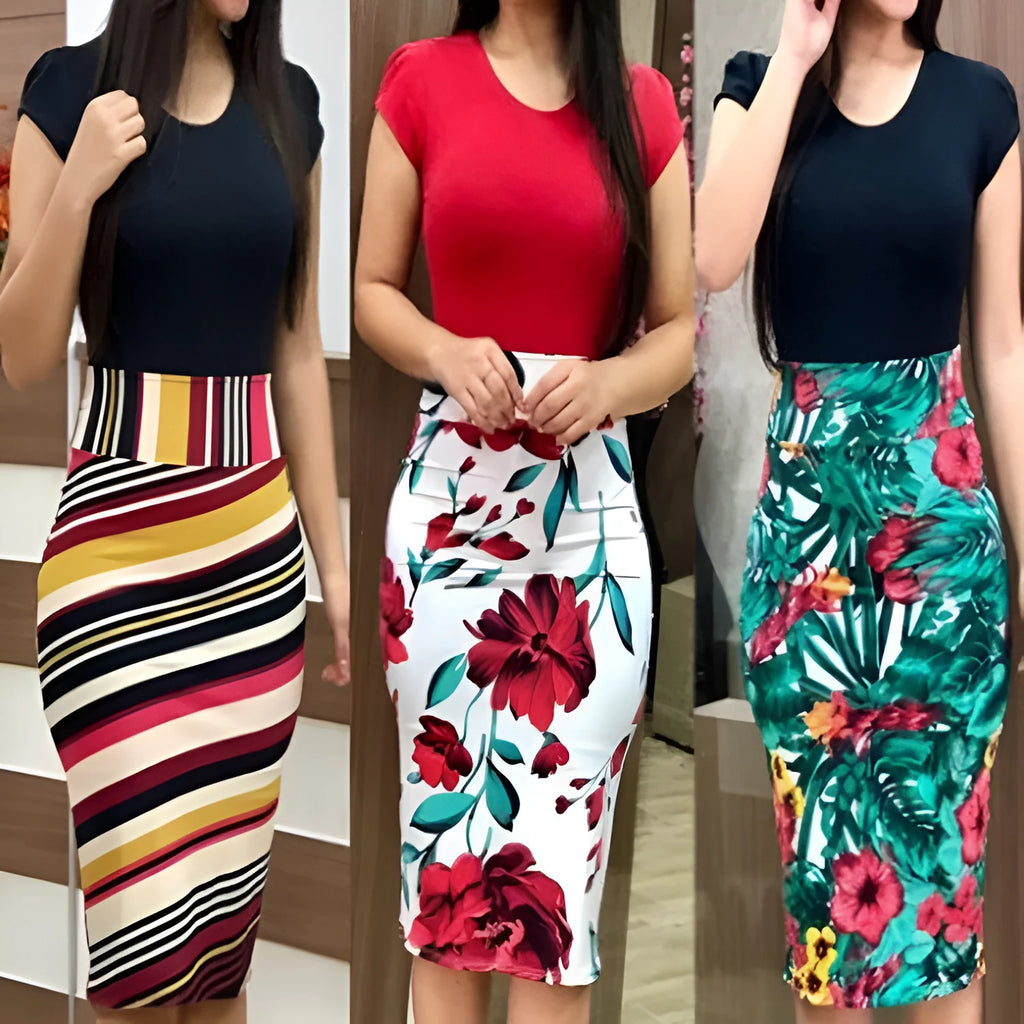 Printed office midi pencil dress in milk silk fabric for women, knee length, slim fit, with colour options
