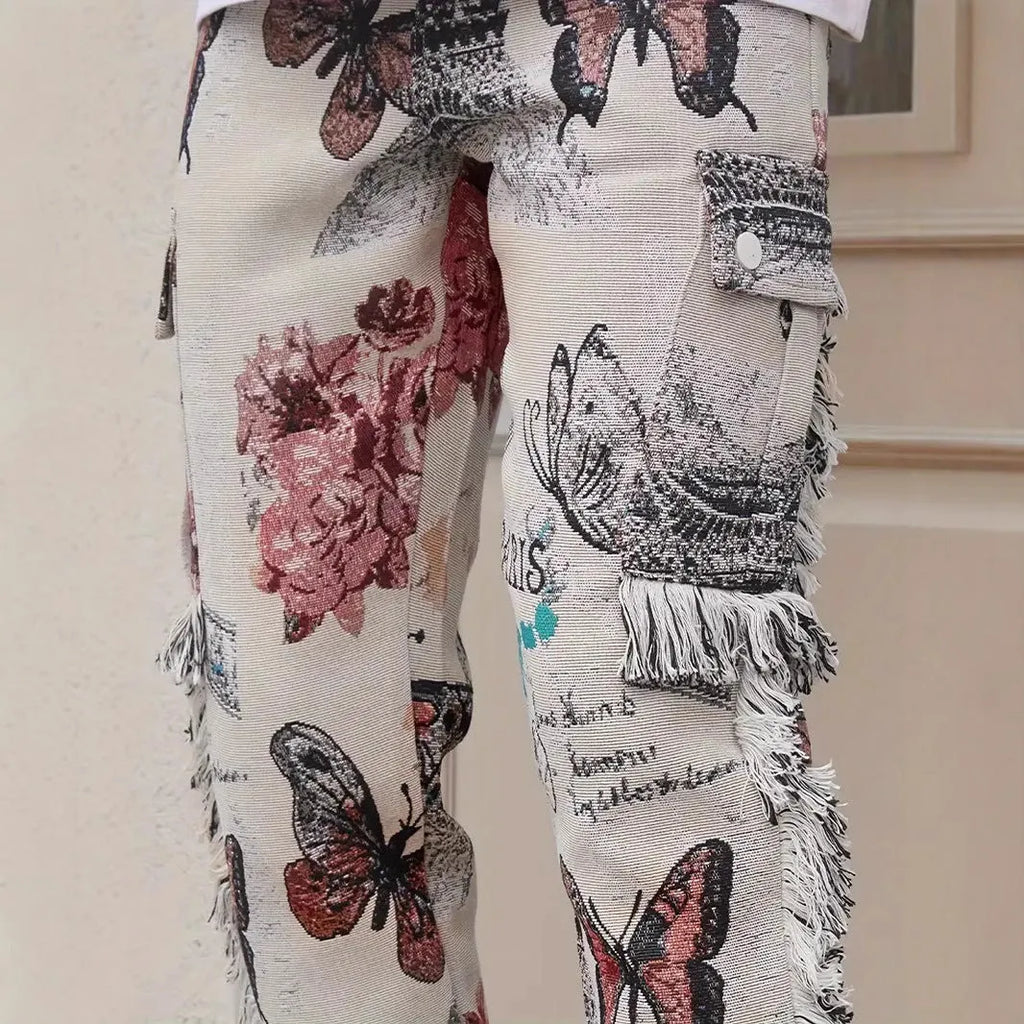Men's slim fit denim trousers with digital animal print pattern on cotton fabric