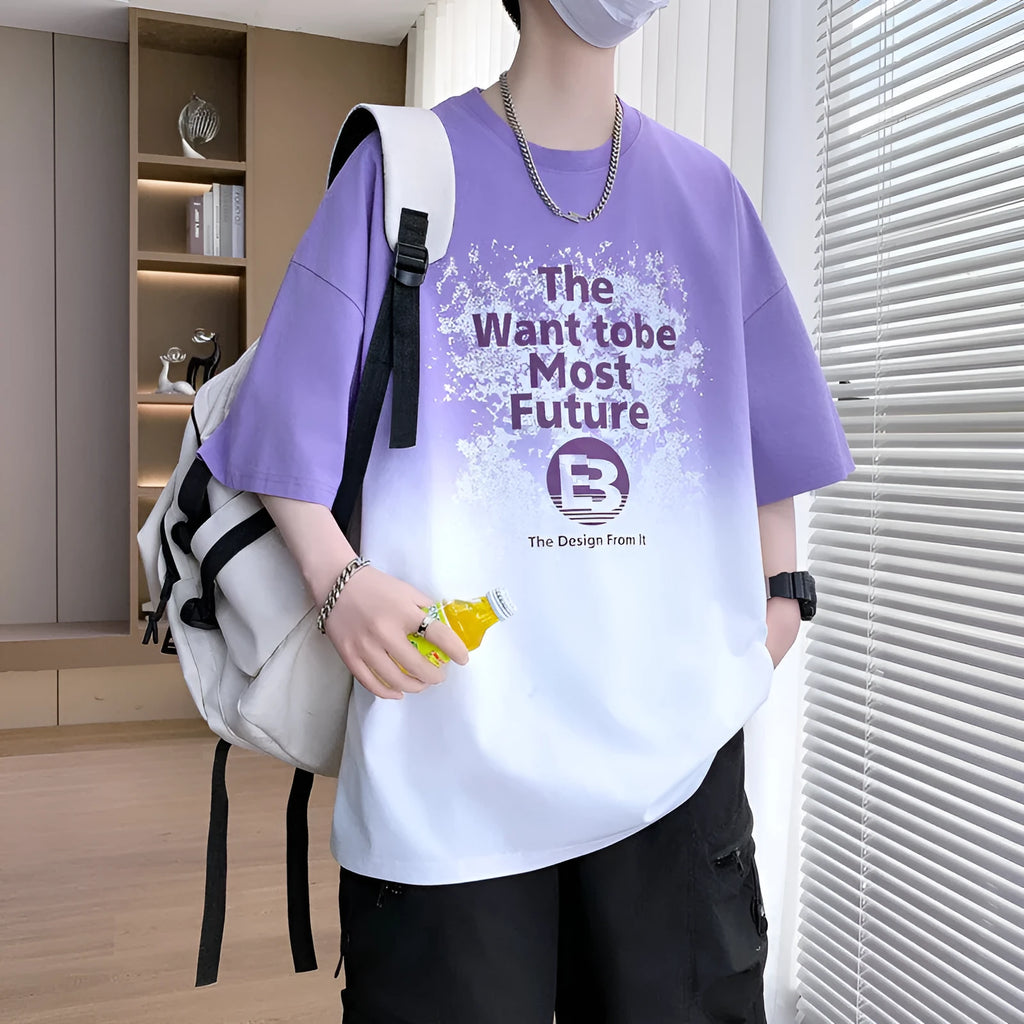 Boys youth printed t-shirt with text design in dark blue, cotton-polyester fabric, drop-shoulder sleeves