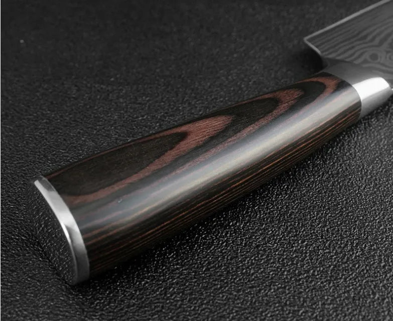 7Cr17 stainless steel kitchen knife with Damascus patterned 18 cm blade and coloured wood handle