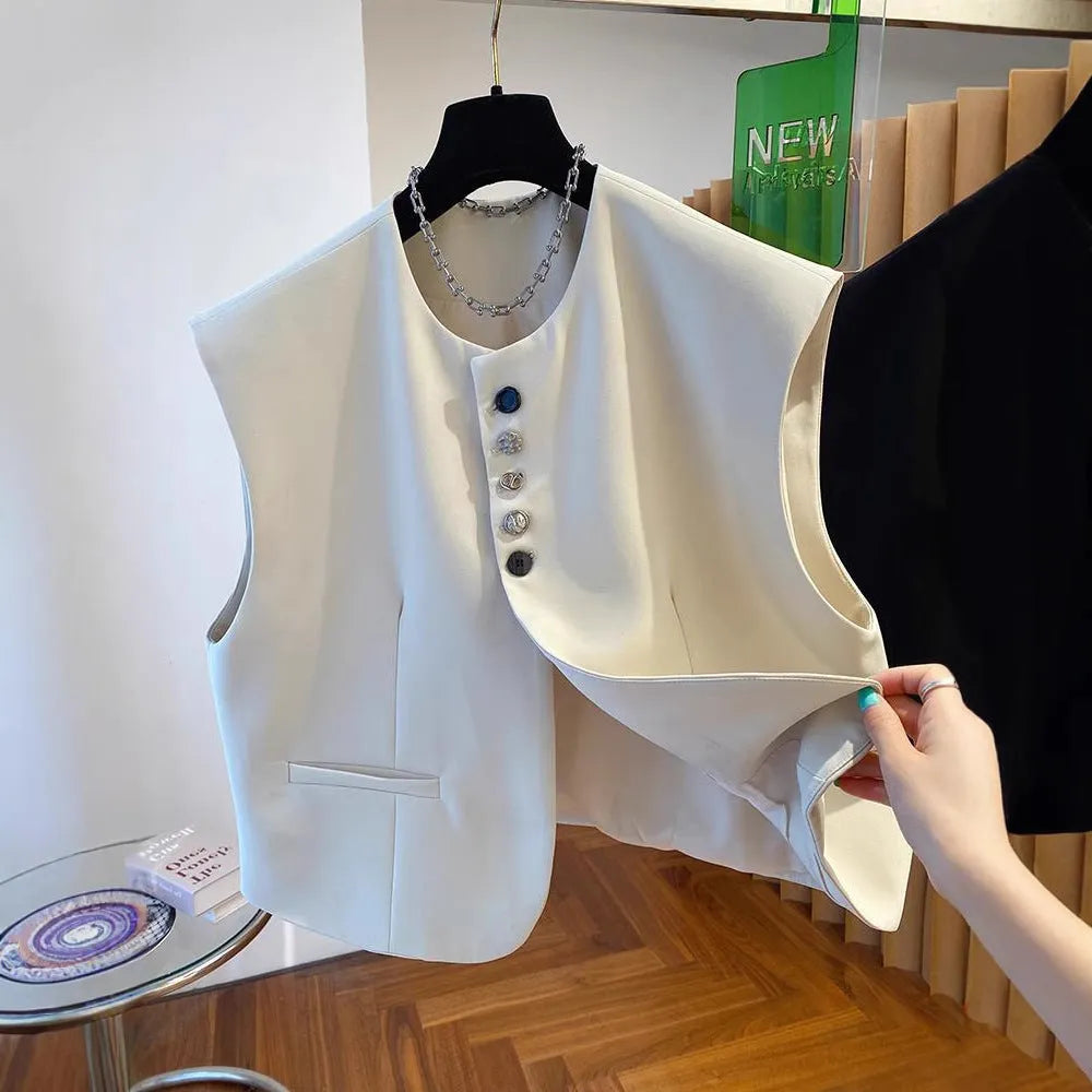 Beige loose-fitting polyester waistcoat dress with a pocket, shown on a hanger