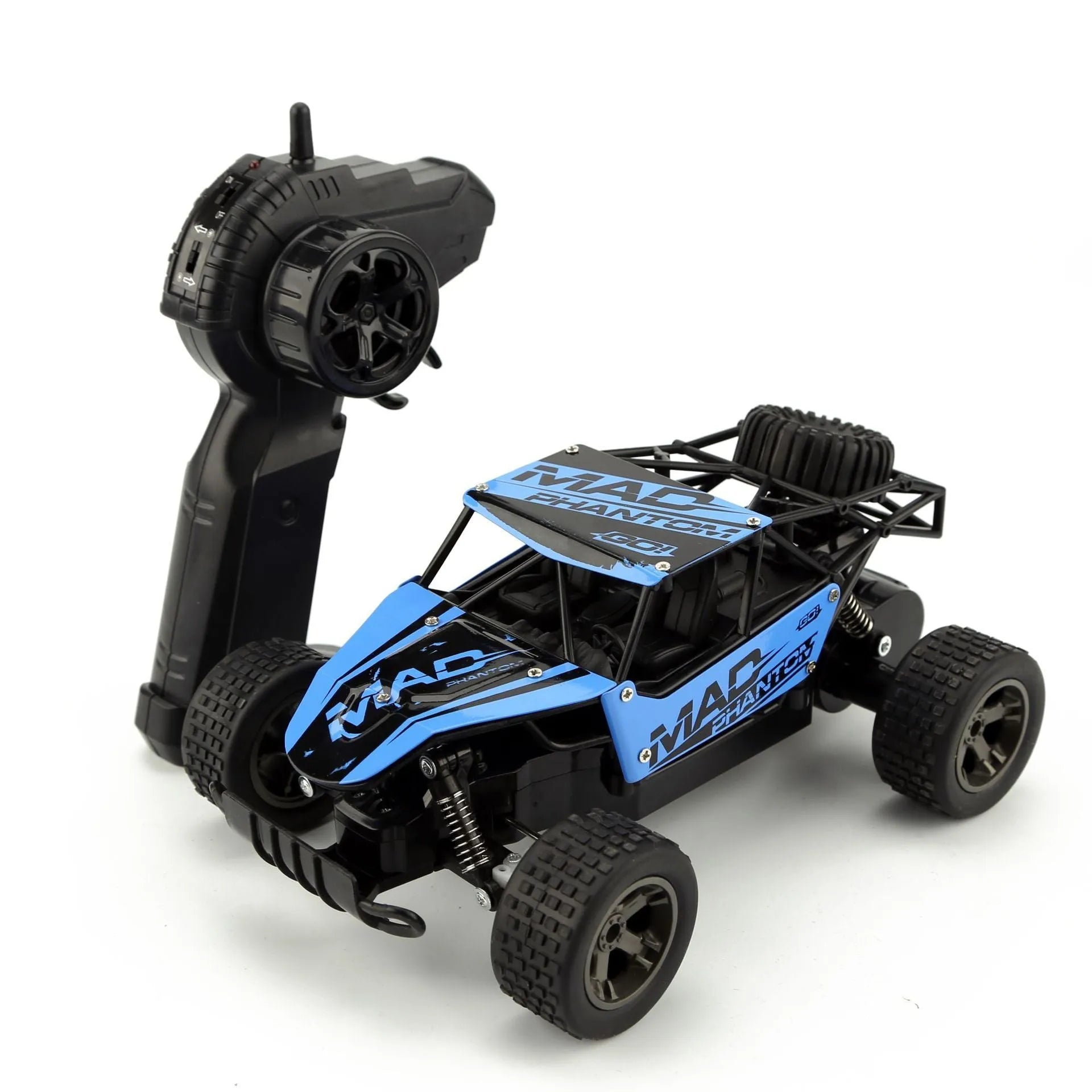 Blue and yellow 1:18 scale RC drift car with 2.4G remote control on charging cable