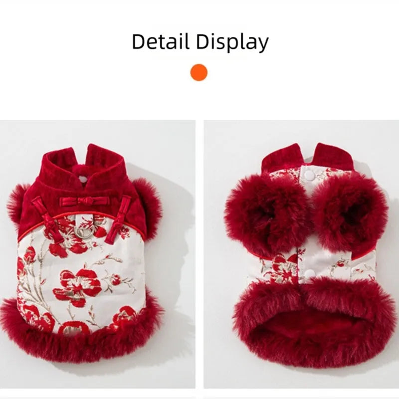 Chinese-style pet Tang Suit jacket in red with stand-up collar and fluffy trim on small dog