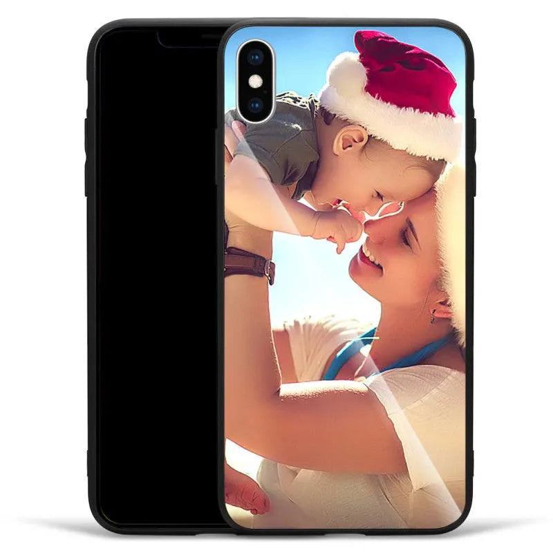 Patterned ultra-thin iPhone case with raised edges protecting the screen and camera lens.