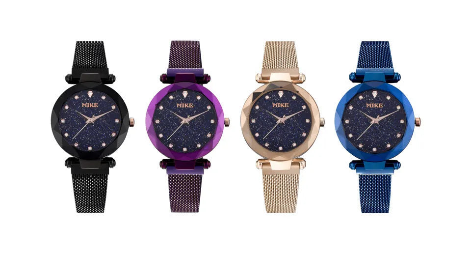Women's waterproof quartz watch with 33mm dial, stainless steel Milan belt or steel band, single folding buckle, available in rose gold, purple, blue or black.