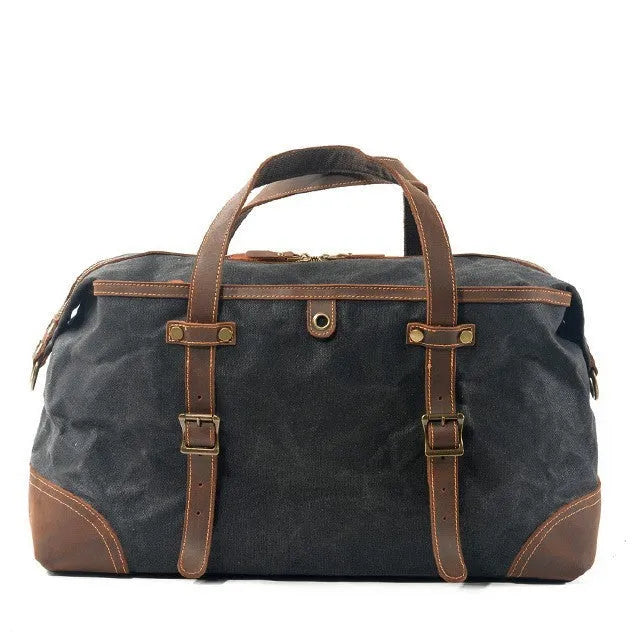 Men's canvas outdoor gym bag with waterproof oil wax leather trim in khaki colour
