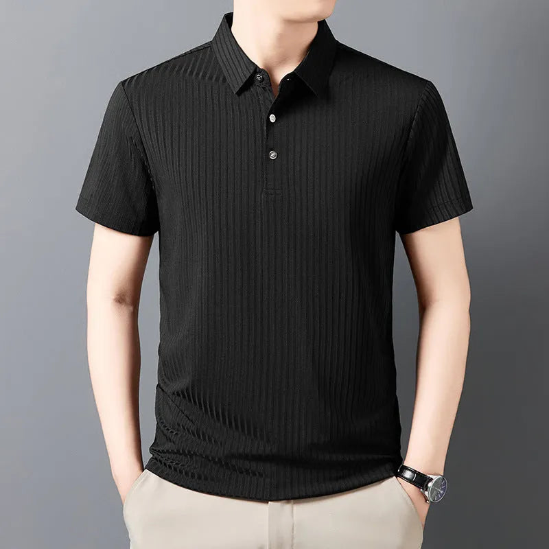 Men's ice silk polo shirt with striped pattern and asymmetric cut-out lapel in light green