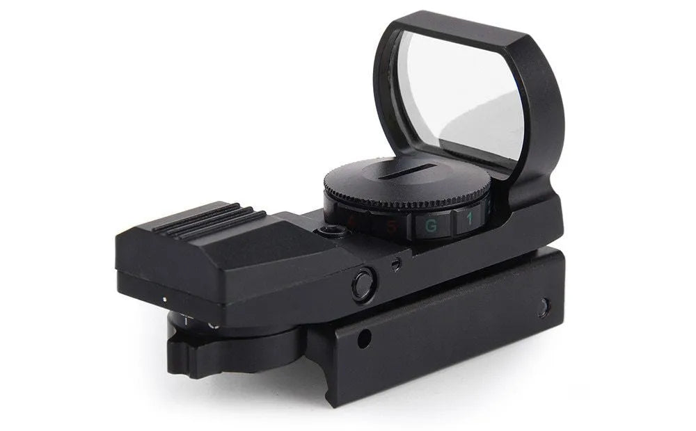 Red dot holographic sight in matte black with 4 reticles and 22x33mm lens opening for 11/20mm rail