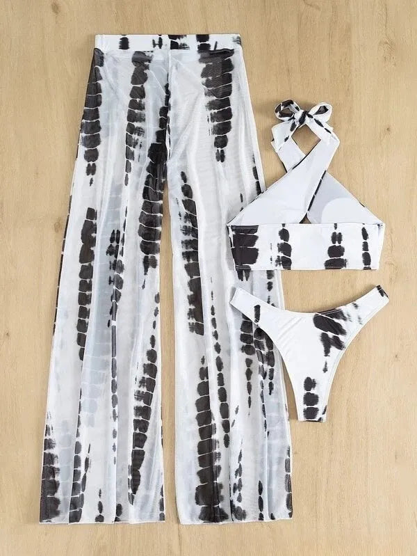Women's three-piece swimsuit set with mesh trousers in printing design