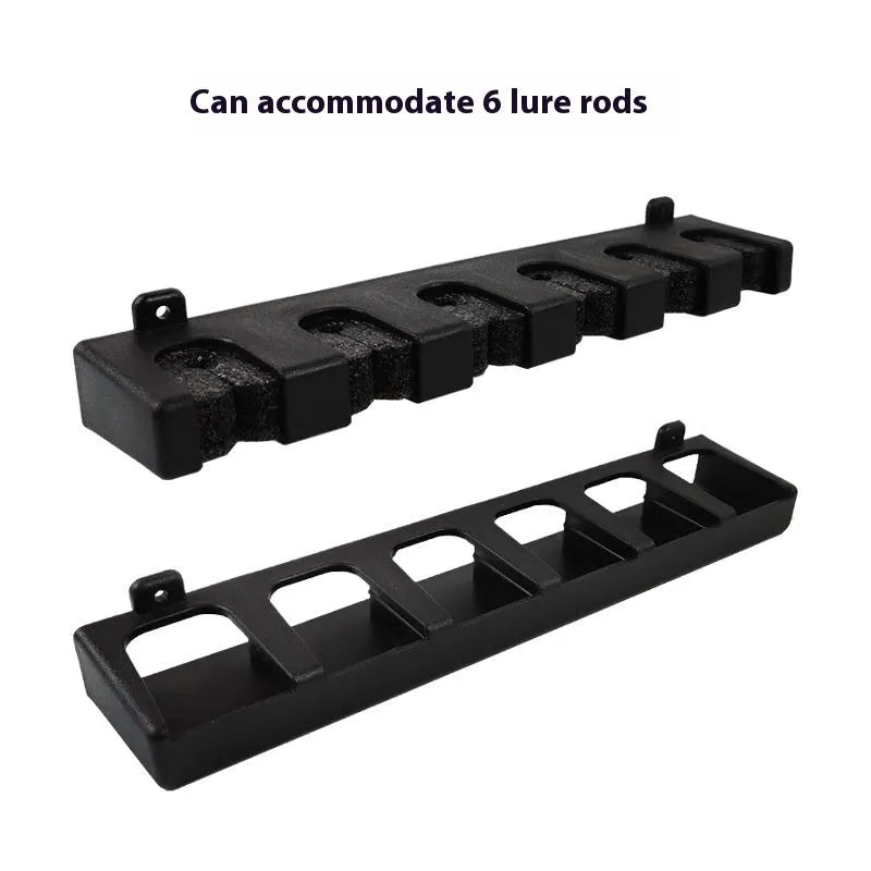 Black ABS plastic wall-mounted fishing rod holder in horizontal and upright display orientations