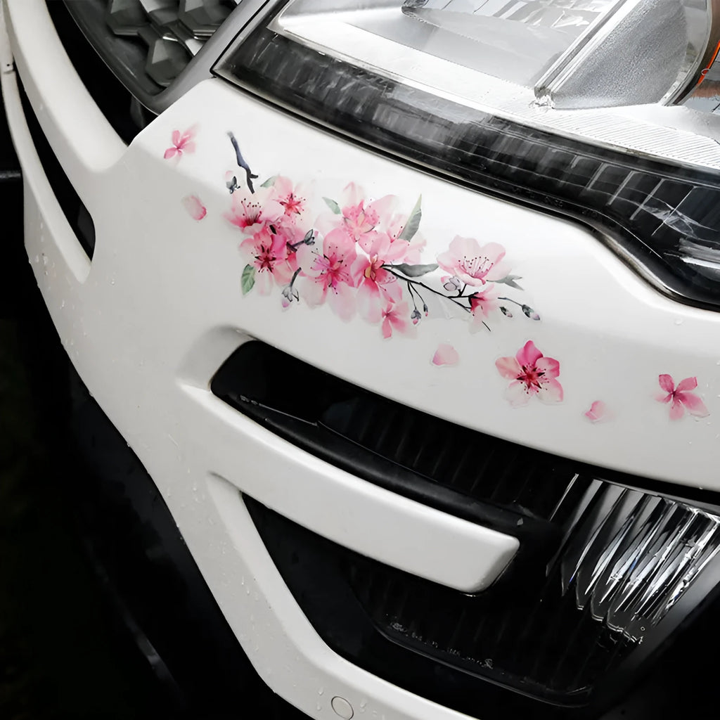 Cherry blossom floral pattern car sticker on vehicle surface showing two size options