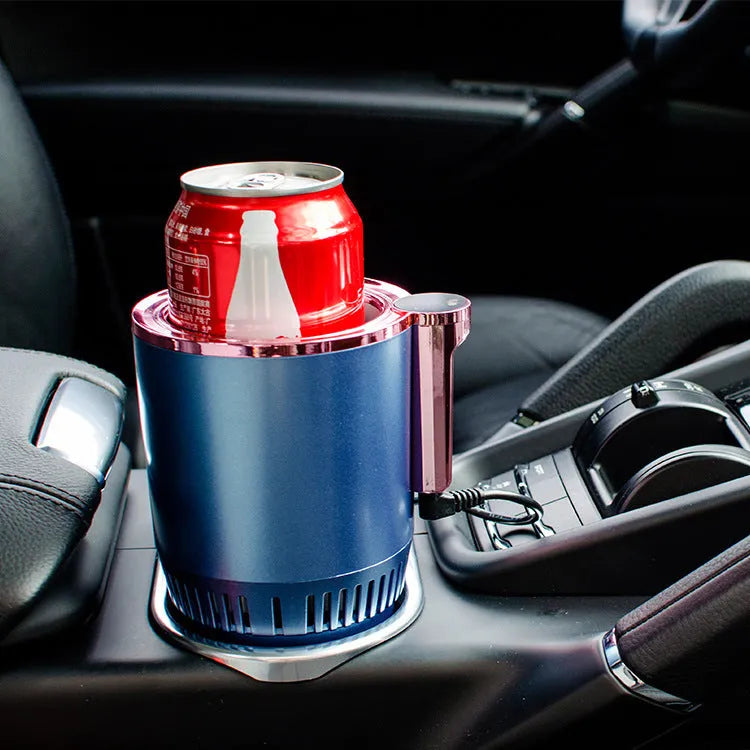 Black 12V car heating and cooling cup with digital temperature display in vehicle cup holder