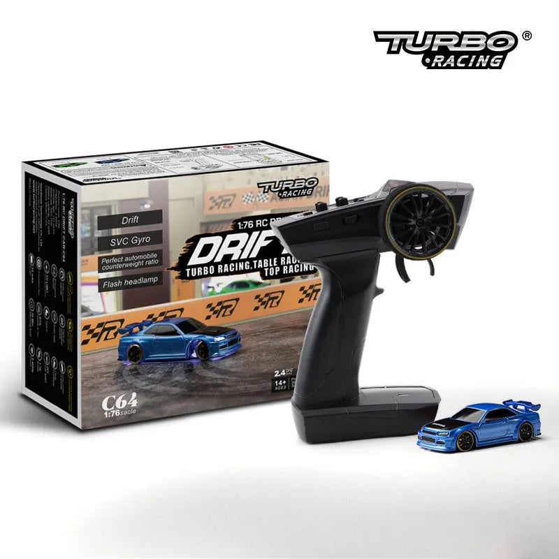 Turbo Racing C64 blue RC drift car with proportional remote control on racing track