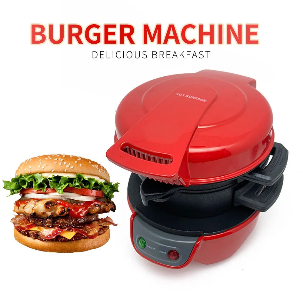Household breakfast machine in bright red with sandwich maker and egg cooker functions