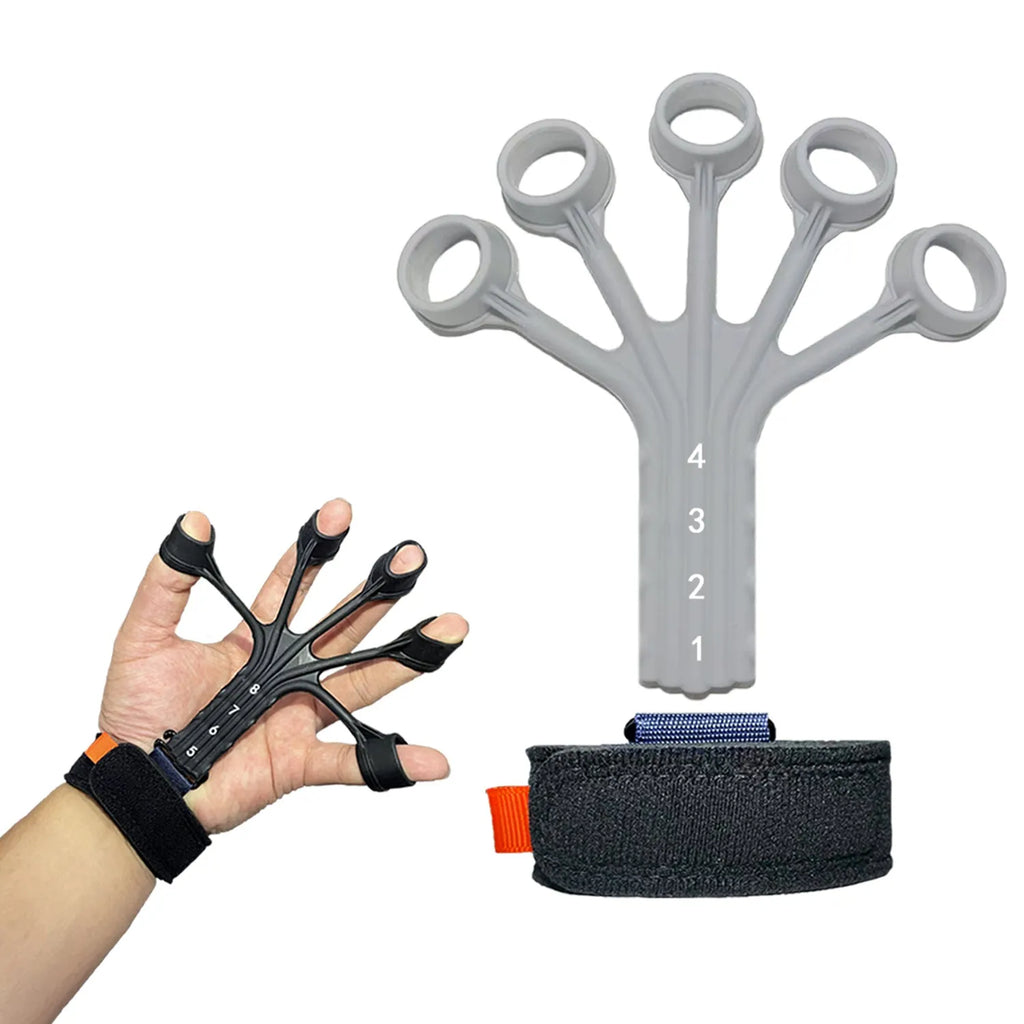 Silicone finger rehabilitation trainer and abdominal tension set with adjustable belts in black or grey