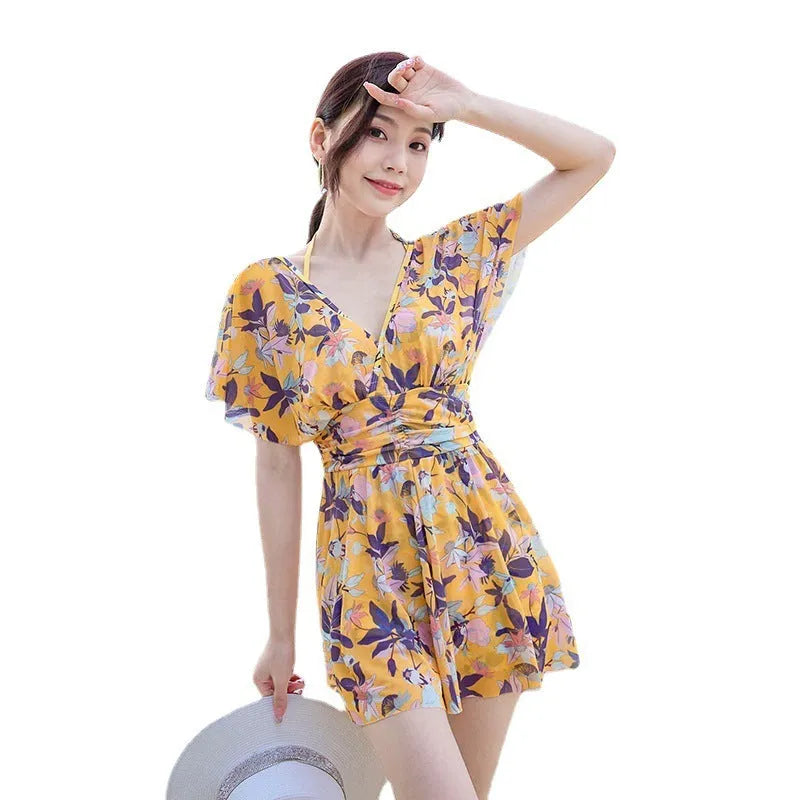 Yellow floral pattern women's one-piece swimsuit in polyester fabric