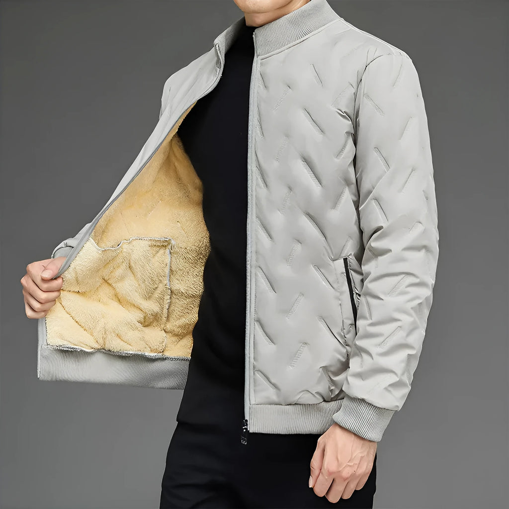 Men's fleece-lined stand collar cotton-padded winter coat in khaki, thickened polyester, 50cm length