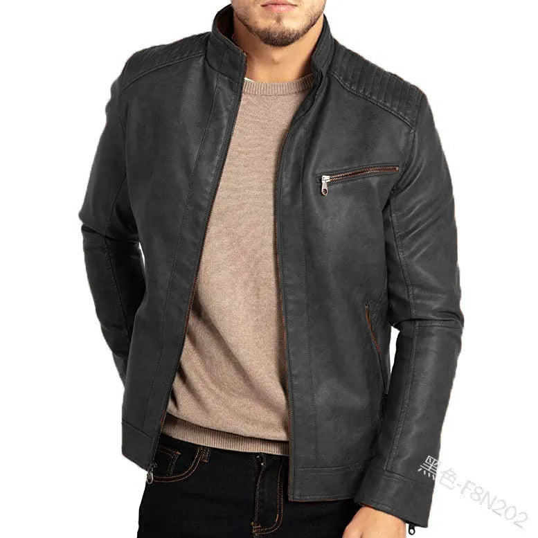 Men's brown artificial leather punk motorcycle jacket with a stand collar and patch pockets.