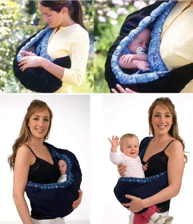 Newborn baby carrier sling in blue plaid fabric with one-shoulder cross-arm strap.