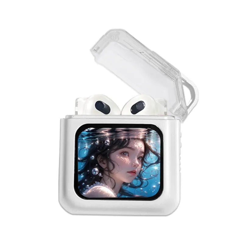 White and grey wireless in-ear Bluetooth headset with a small colour display screen on the earpiece.