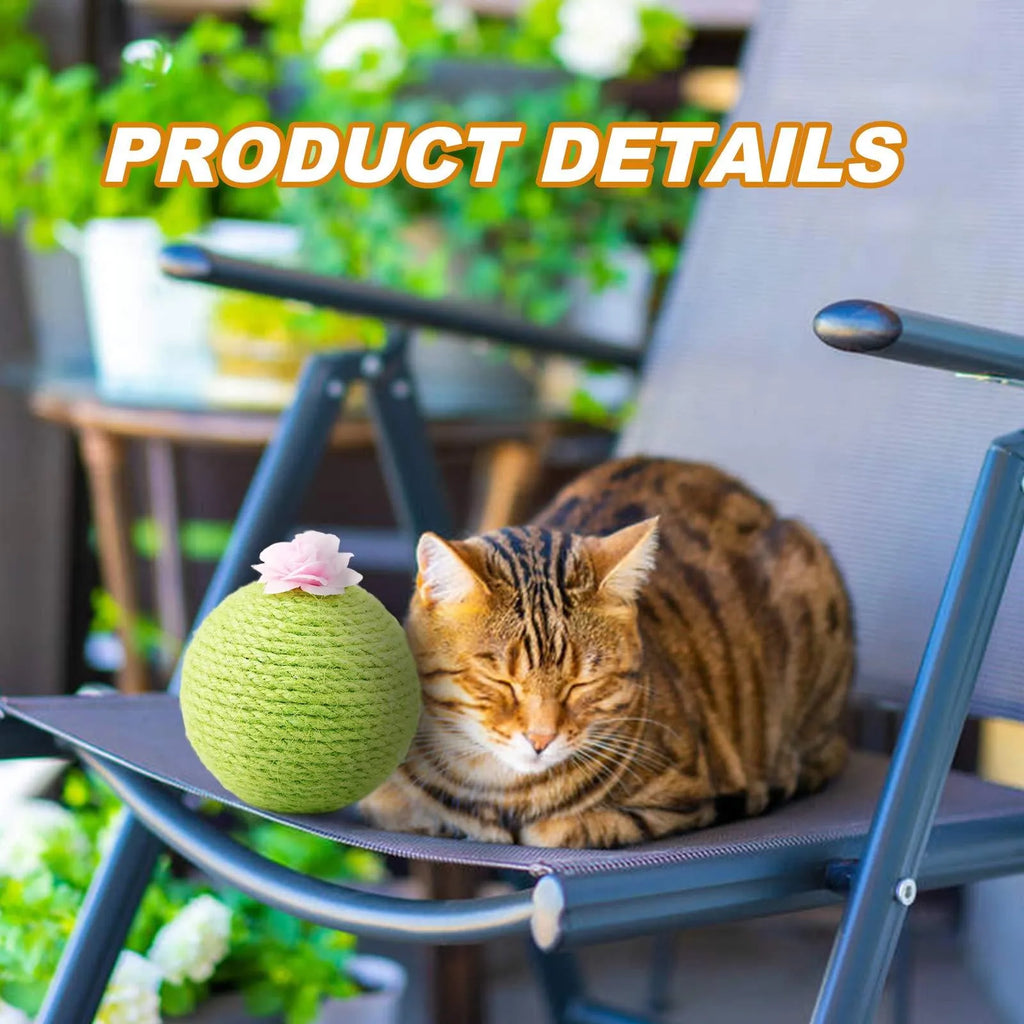 Green cactus-shaped cat scratcher with sisal scratching surfaces and attached tumbler balls containing catnip toys