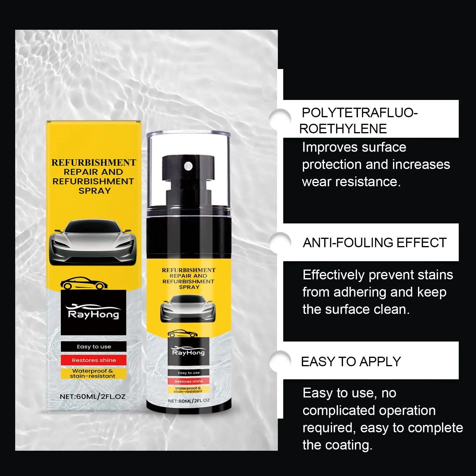 Automotive plastic renovation spray 60ml bottle for car trim restoration with PTFE formula