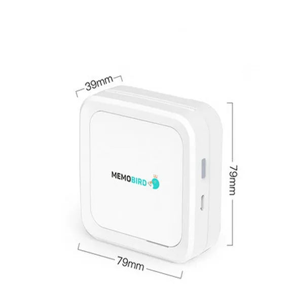 Thermal pocket portable Bluetooth printer in white, 79x79x40mm, with thermal paper roll inside