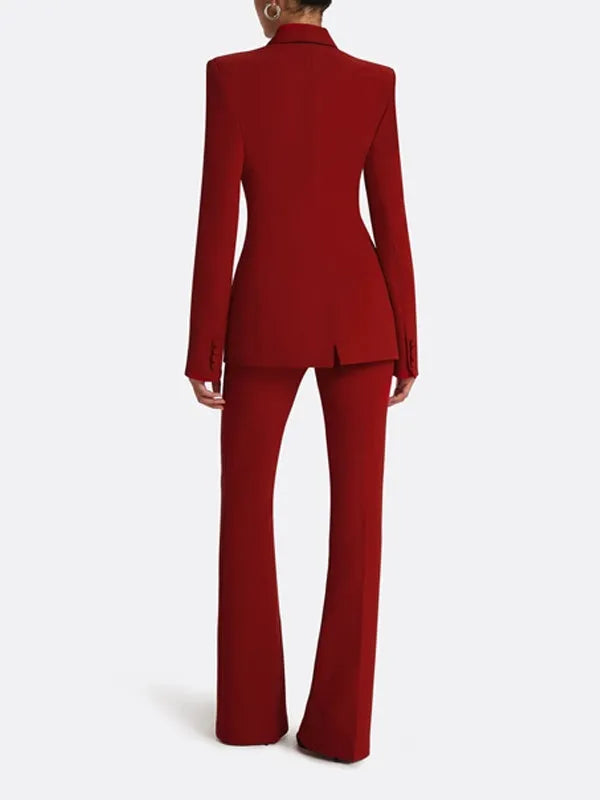 Red double-breasted blazer and matching straight-leg trousers two-piece suit set for women front view