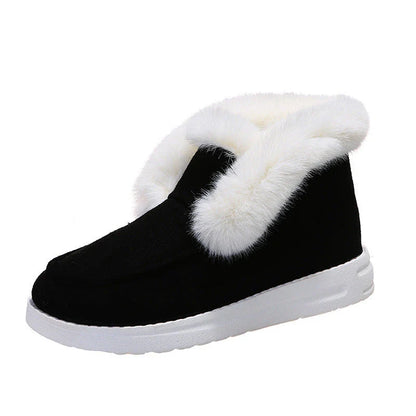 Cozy winter ankle boots for women with plush faux fur lining and suede upper in black, grey, and brown colors