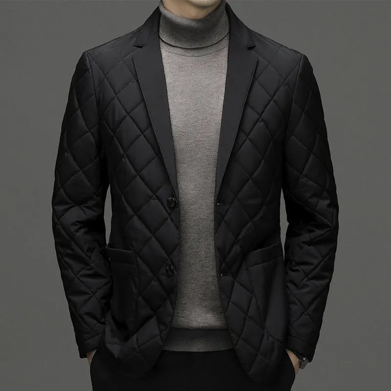 Men's cardigan-style winter down jacket with lapel collar in solid colour with side seam pockets