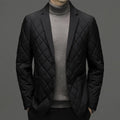 Men's cardigan-style winter down jacket with lapel collar in solid colour with side seam pockets