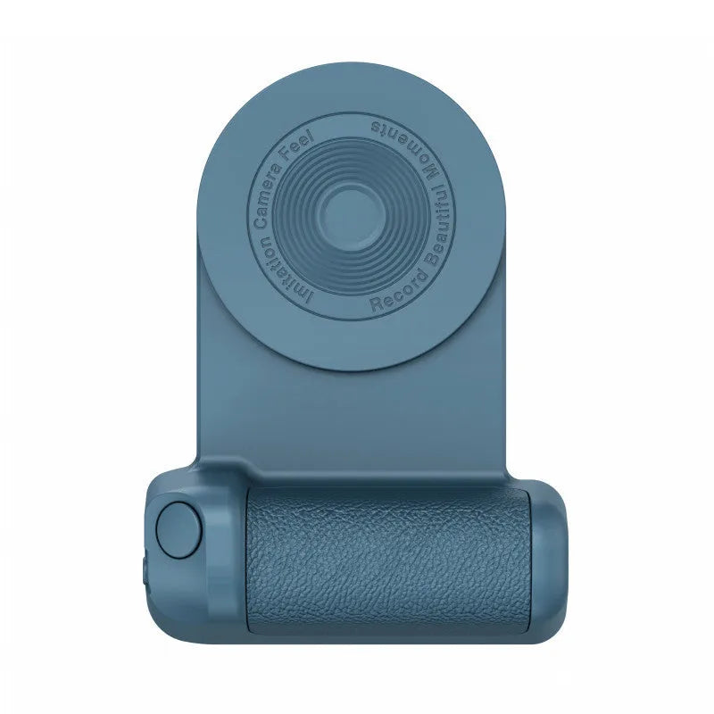 Black magnetic phone camera holder with rotatable grip on wooden table demonstrating phone attachment