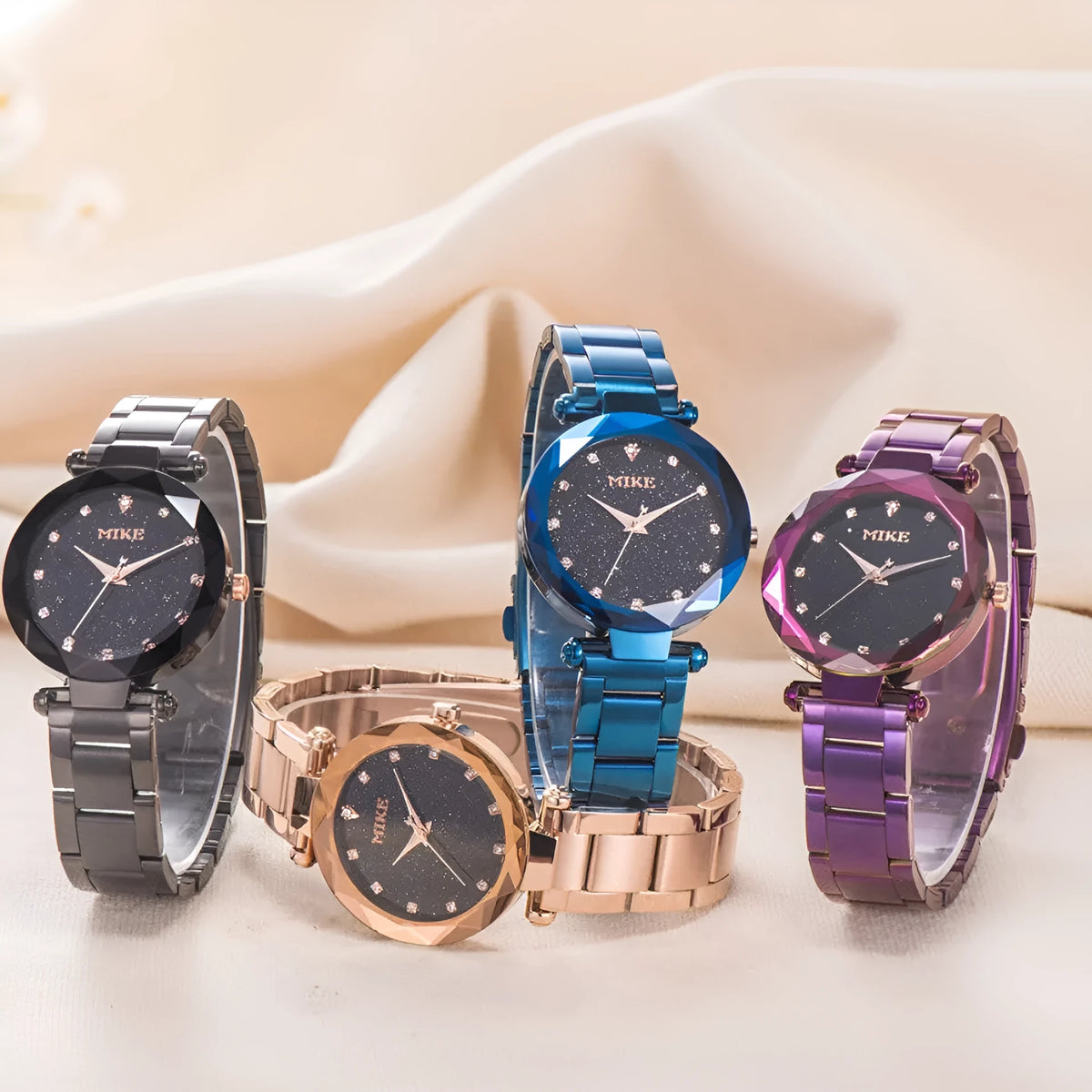 Women's waterproof quartz watch with 33mm dial, stainless steel Milan belt or steel band, single folding buckle, available in rose gold, purple, blue or black.