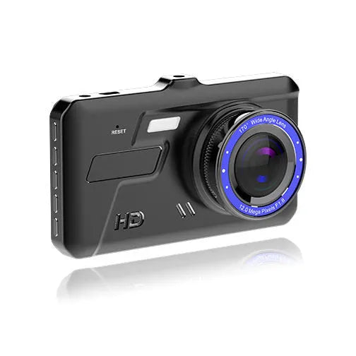 Black car driving recorder with 4 inch touch screen and dual lenses for front and rear recording