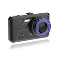 Black car driving recorder with 4 inch touch screen and dual lenses for front and rear recording