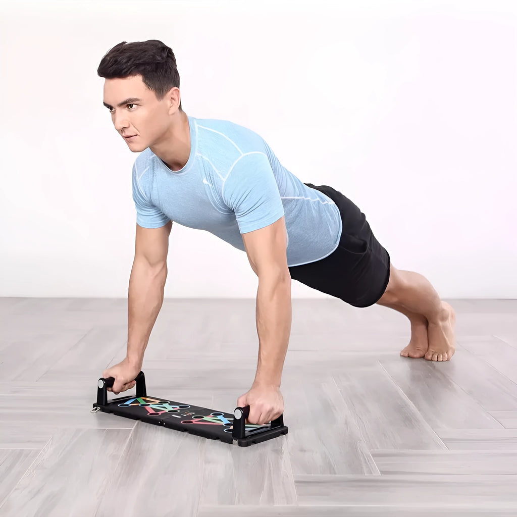 Yunmai black push up stand with two armrests and main board on a wooden floor
