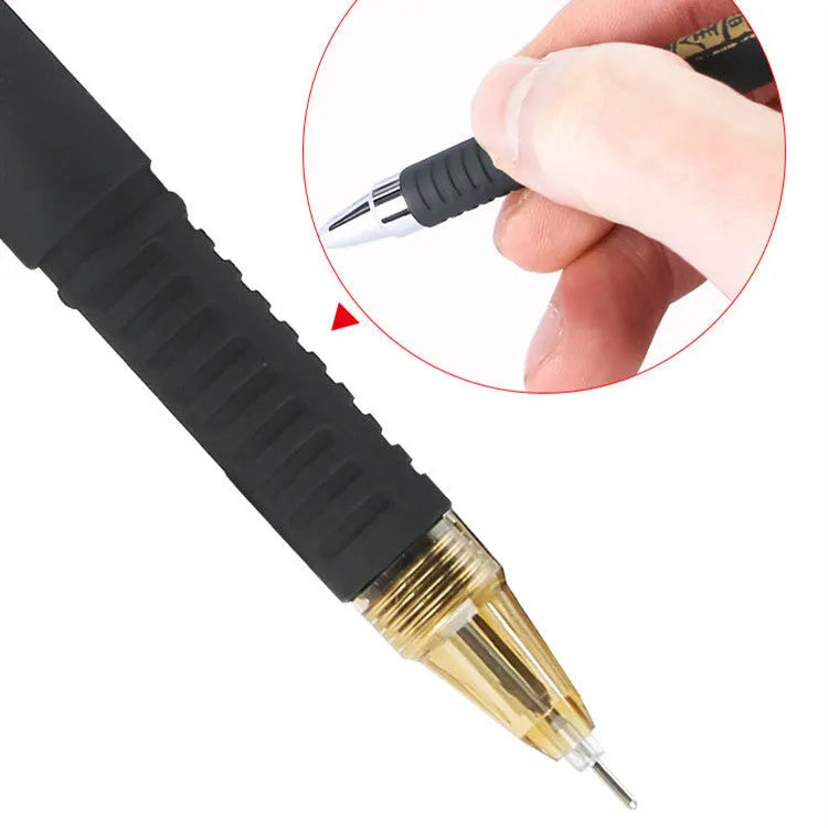 Set of eight black gel pens with anti-fatigue grips, showing bullet and needle tip options.