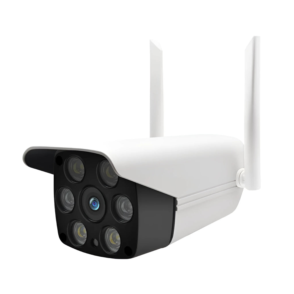 White outdoor smart security camera with a 3.6mm lens and infrared LEDs for night vision.