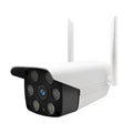 White outdoor smart security camera with a 3.6mm lens and infrared LEDs for night vision.