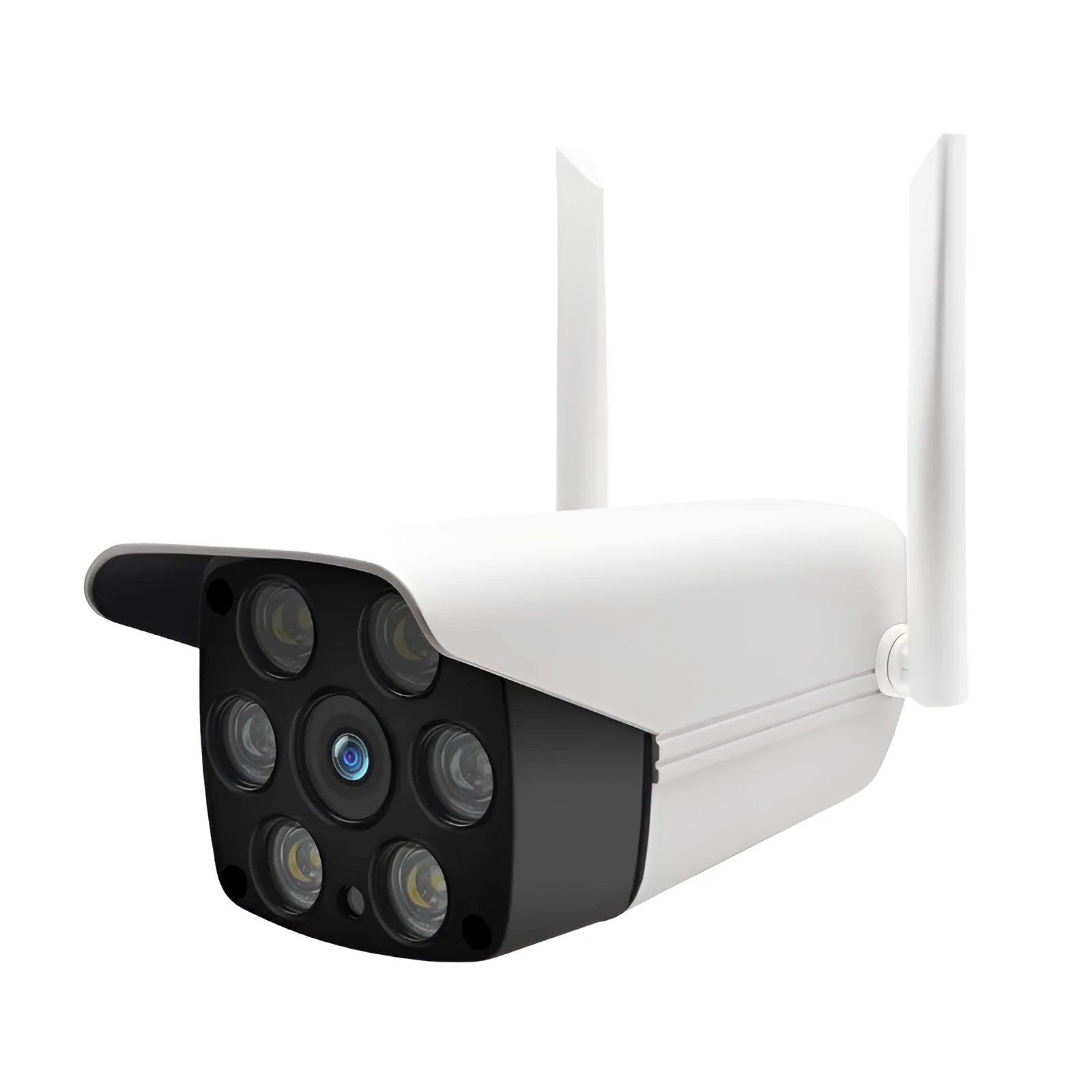 White outdoor smart security camera with a 3.6mm lens and infrared LEDs for night vision.
