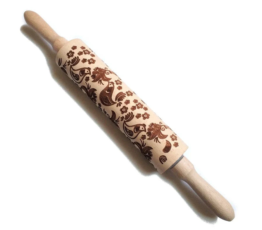 Personalized Christmas rolling pin with a variety of embossed holiday designs, including snowflakes, reindeer, and Merry Christmas patterns