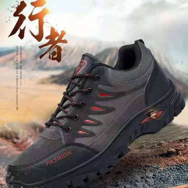 Men's brown suede mid-top hiking sneakers with rubber sole and lace-up front.
