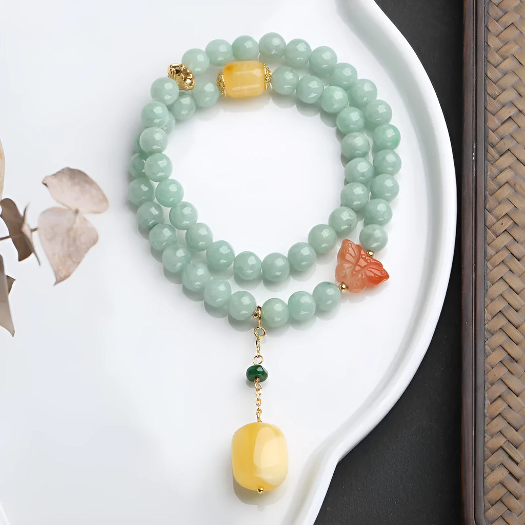 Double-layer women's bracelet with hanging jade beads and geometric beeswax barrel beads